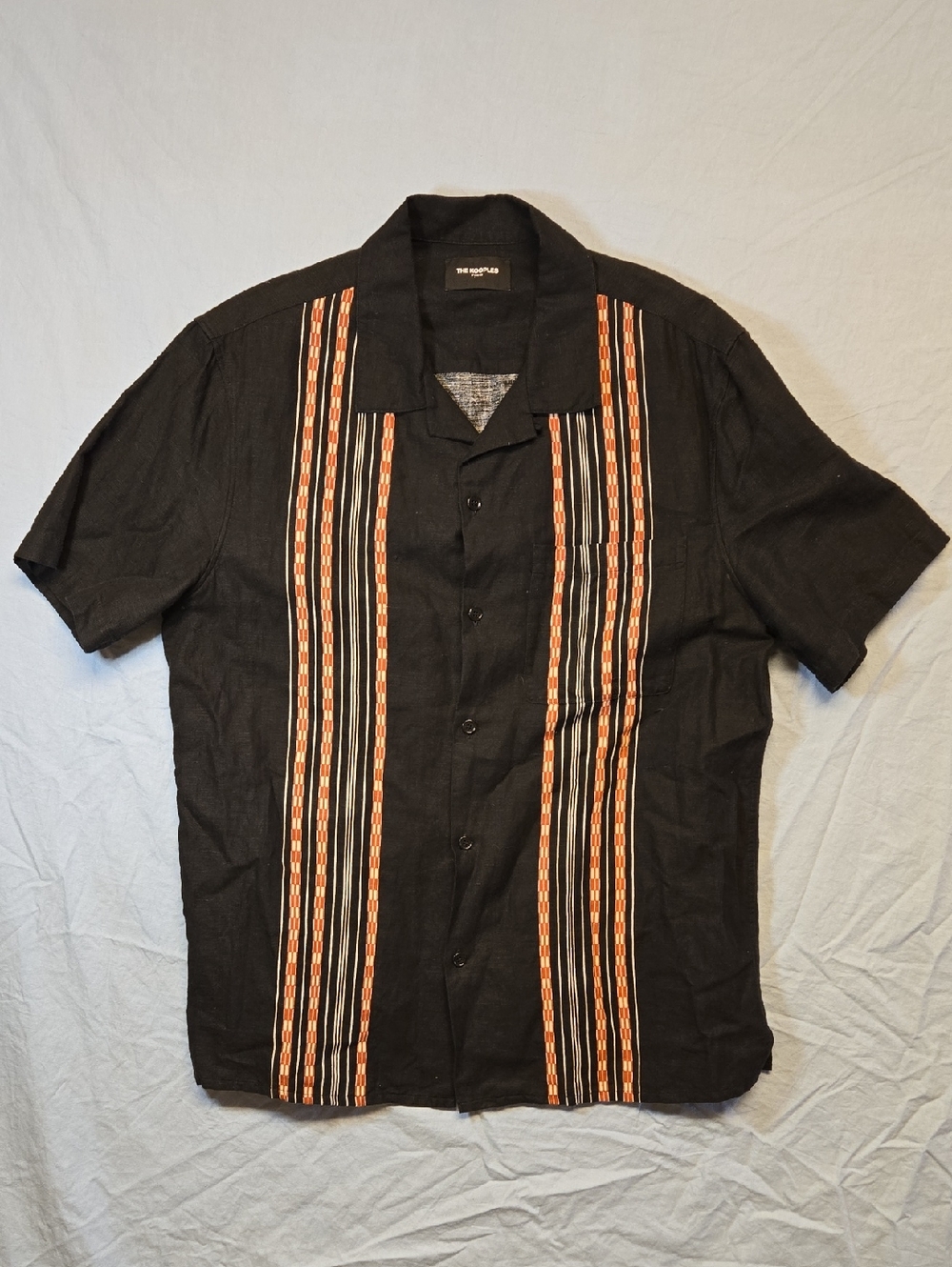 The Kooples Black Short Sleeve Button Down Shirt with Orange and Cream Stripes